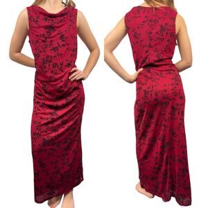 Vintage Y2K 90's Sleeveless Cowl Neck Velvet Floral Maxi Dress Red/Black Size 14
